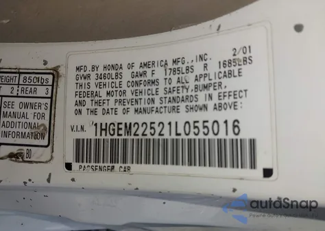 2001 Honda Civic Lx from USA, damaged, VIN 1HGEM22521L055016